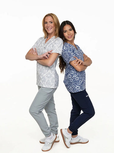 Damask Style Women's Scrub Pattern Top with 3 Pockets - IRONIK Scrubs