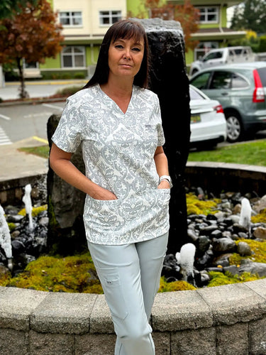 Damask Style Women's Scrub Pattern Top with 3 Pockets - IRONIK Scrubs