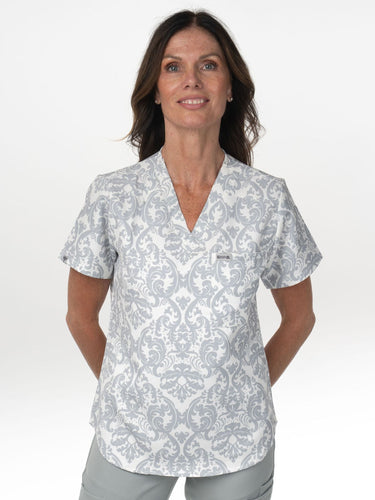 IRONIK 1 Pocket Contour Scrub Top - Damask Print Pattern - IRONIK Scrubs