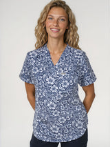 IRONIK 1 Pocket Contour Scrub Top - Navy Floral Print - IRONIK Scrubs