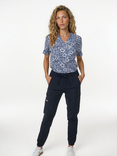 IRONIK 1 Pocket Contour Scrub Top - Navy Floral Print - IRONIK Scrubs