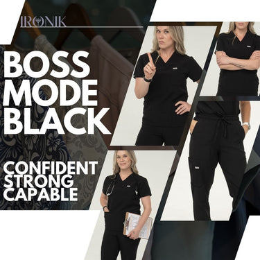 IRONIK Black Scrub Set - Top & Cargo Pants - IRONIK Scrubs