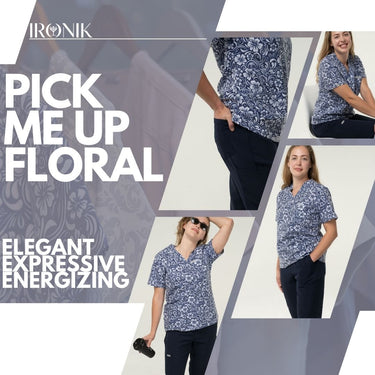 IRONIK Navy Floral Pattern Top Scrub Set - Top & Joggers - IRONIK Scrubs