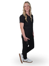 Women’s Black Scrub Set with Joggers – 3 Pocket Top & 10 Pocket Joggers Eco - Friendly Fabric Stretch Professional Uniform - IRONIK Scrubs