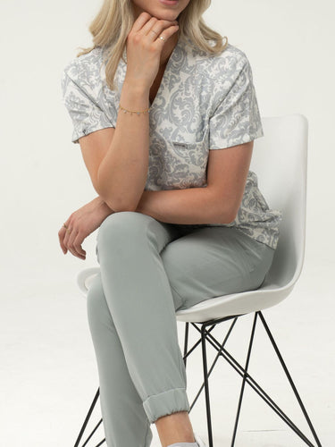 Women’s Damask Print Scrub Set – Elegant Patterned Top & Seafoam Joggers Eco - Friendly Fabric Uniform - IRONIK Scrubs