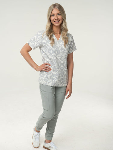Women’s Damask Print Scrub Set – Elegant Patterned Top & Seafoam Joggers Eco - Friendly Fabric Uniform - IRONIK Scrubs