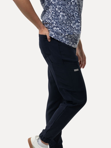 Women’s Navy Floral Scrub Set – Printed Top & Navy Joggers Eco - Friendly Stretch Fabric Uniform - IRONIK Scrubs