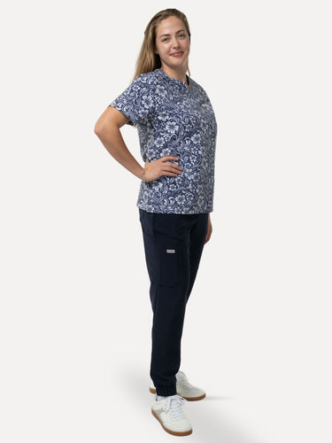 Women’s Navy Floral Scrub Set – Printed Top & Navy Joggers Eco - Friendly Stretch Fabric Uniform - IRONIK Scrubs