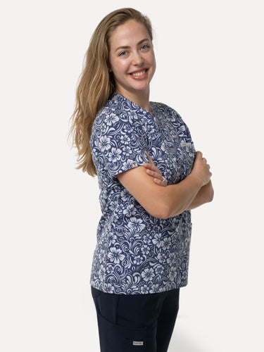 Women’s Navy Floral Scrub Set – Printed Top & Navy Joggers Eco - Friendly Stretch Fabric Uniform - IRONIK Scrubs