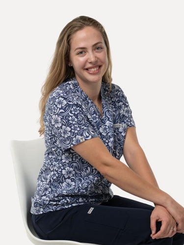 Women’s Navy Floral Scrub Set – Printed Top & Navy Joggers Eco - Friendly Stretch Fabric Uniform - IRONIK Scrubs