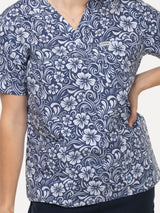 Women’s Navy Floral Scrub Set – Printed Top & Navy Joggers Eco - Friendly Stretch Fabric Uniform - IRONIK Scrubs