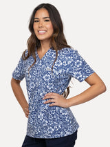 Womens Navy Scrub Top with Elegant Flower Pattern 3 Pockets - IRONIK Scrubs