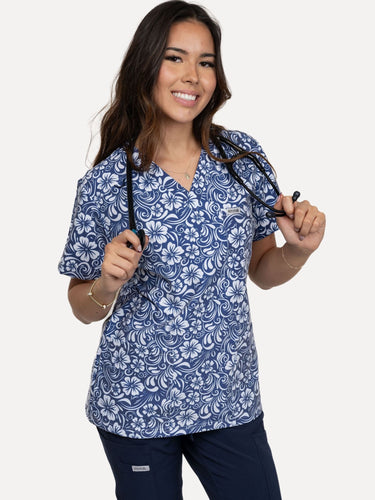 Womens Navy Scrub Top with Elegant Flower Pattern 3 Pockets - IRONIK Scrubs