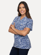 Womens Navy Scrub Top with Elegant Flower Pattern 3 Pockets - IRONIK Scrubs