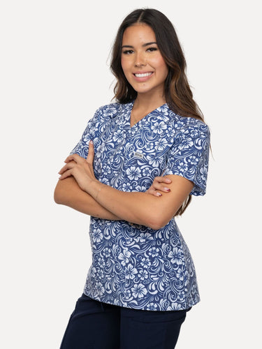 Womens Navy Scrub Top with Elegant Flower Pattern 3 Pockets - IRONIK Scrubs