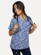 Womens Navy Scrub Top with Elegant Flower Pattern 3 Pockets - IRONIK Scrubs