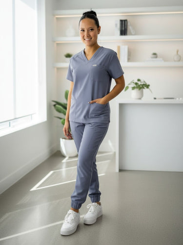 Women’s Twilight Sky Blue Scrub Set with Joggers – 3 Pocket Top & 10 Pocket Joggers Eco - Friendly Fabric Flattering Uniform - IRONIK Scrubs