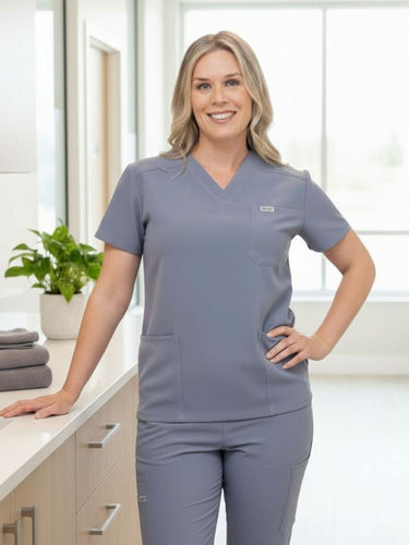 Women’s Twilight Sky Blue Scrub Set with Joggers – 3 Pocket Top & 10 Pocket Joggers Eco - Friendly Fabric Flattering Uniform - IRONIK Scrubs
